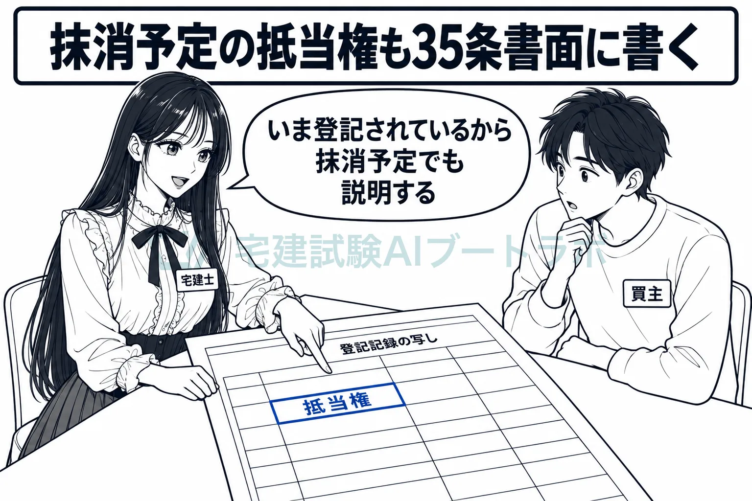 重要事項説明の席で先生が登記記録の抵当権の欄を指し、決済で抹消する予定でも記載が必要だと買主に示す絵。