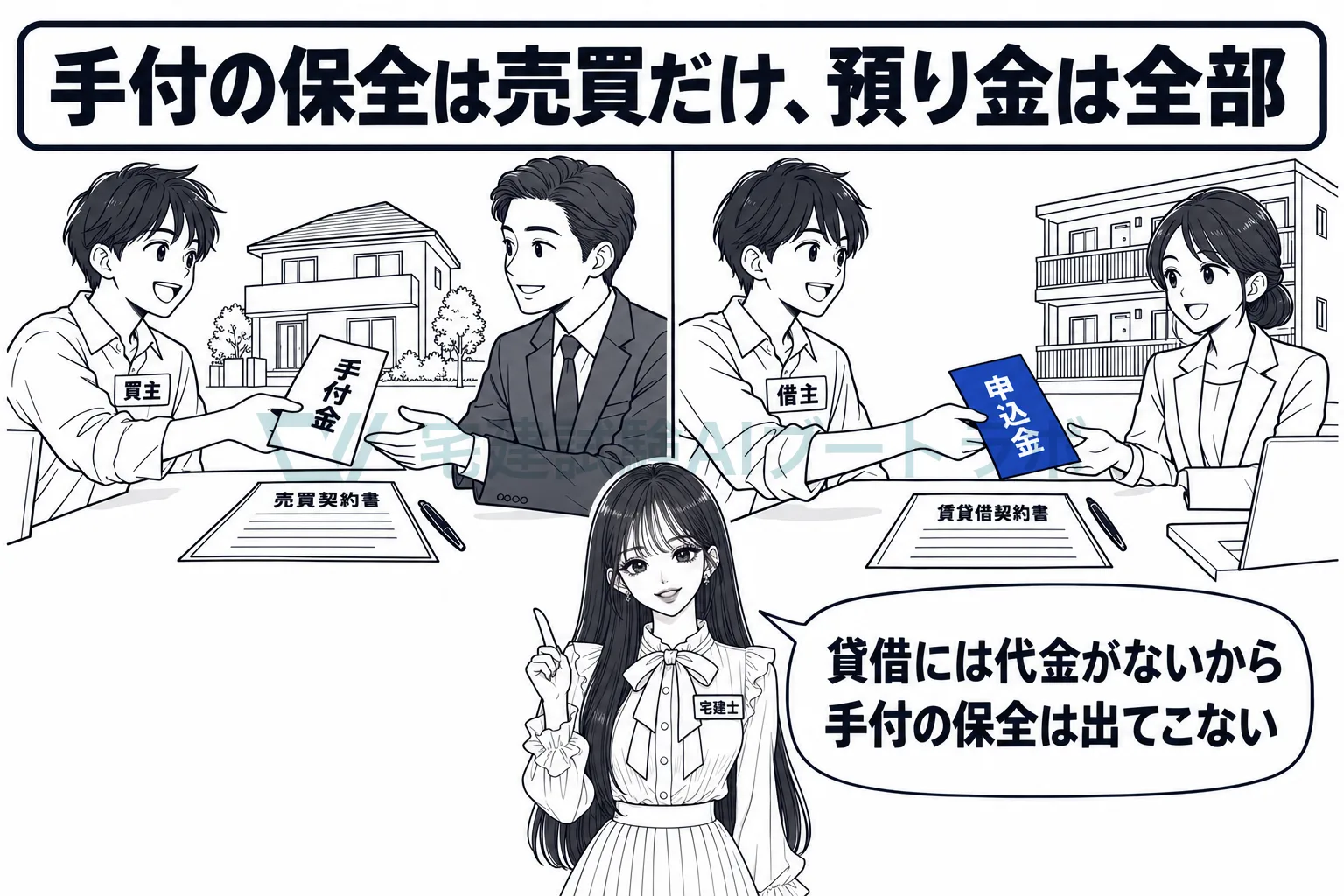 売買の手付金と賃貸の申込金の封筒を左右に並べ、手付の保全は売買だけで預り金の保全は貸借でも要ると示す絵。