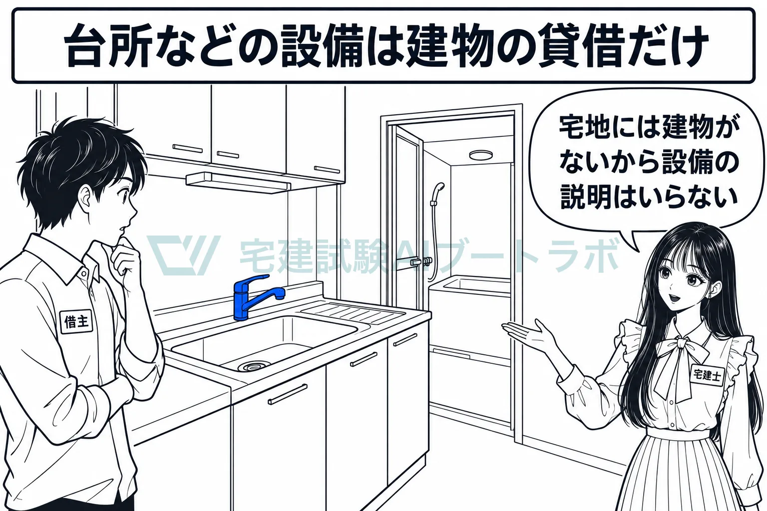賃貸の内見で借主が台所を確かめ、設備の整備状況の説明は建物の貸借だけで宅地の貸借では要らないと先生が示す絵。
