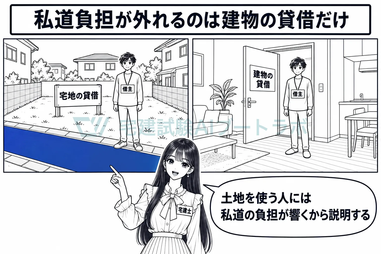 私道に面した宅地の貸借とマンションの一室の貸借を左右に並べ、私道負担の説明が外れるのは建物の貸借だけだと示す絵。