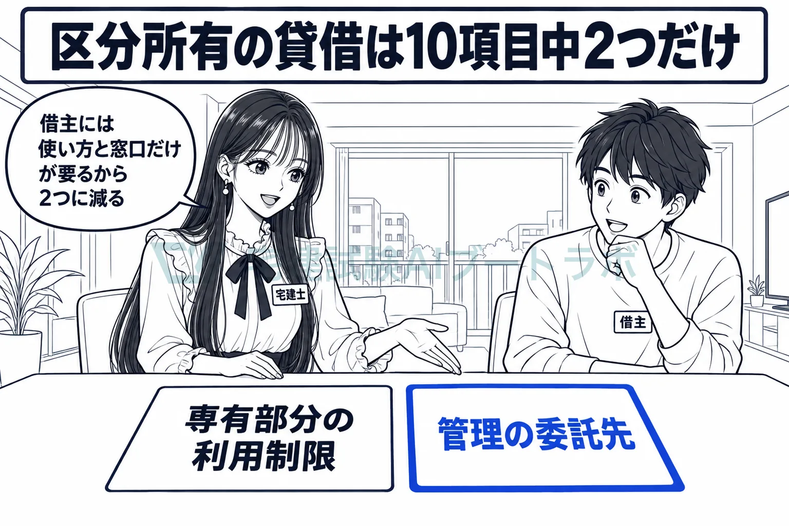マンションの貸借の重要事項説明で、追加10項目のうち専有部分の利用制限と管理の委託先の2つだけが残ると先生が示す絵。