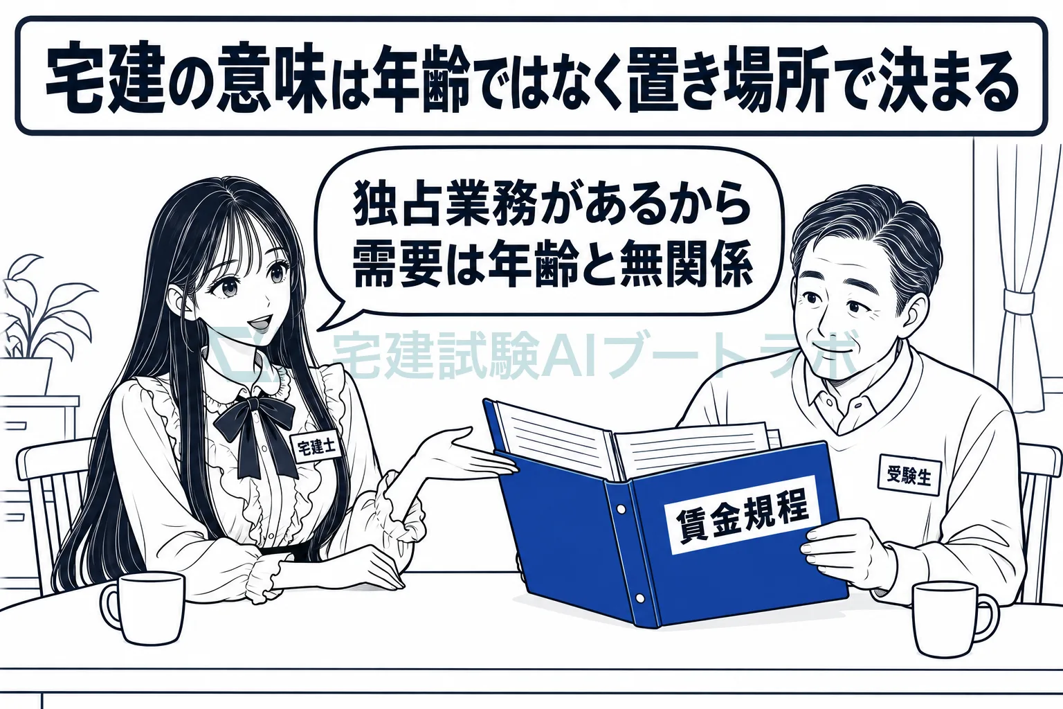 ダイニングで賃金規程を開く50代の受験生に、宅建の意味は年齢ではなく置き場所で決まると先生が伝えている絵。