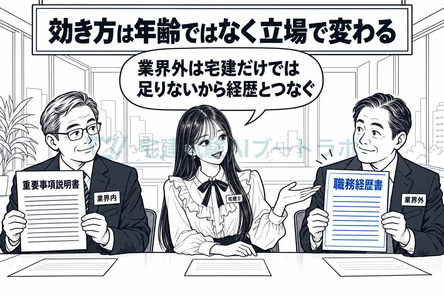 左に重要事項説明書を持つ業界内の人、右に職務経歴書を持つ業界外の人が並び、効き方は立場で変わると先生が示す絵。