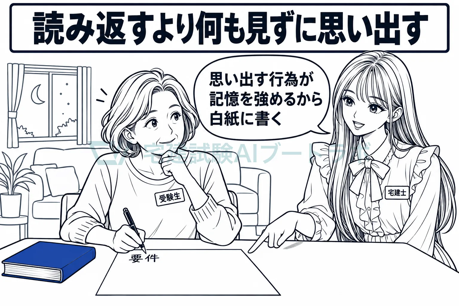 閉じたテキストを脇に置いて白紙に要件を書き出す受験生に、思い出す学習が記憶を強めると先生が伝えている絵。