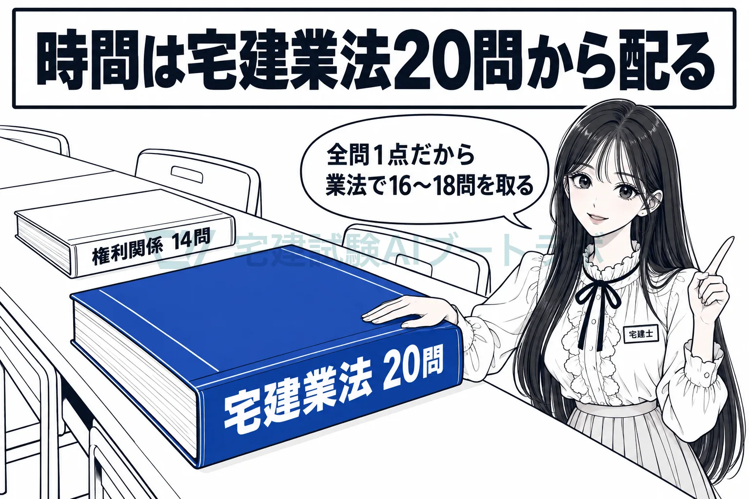 自習室の机で宅建業法20問のテキストを手前に置き、時間は宅建業法から配ると先生が示している絵。