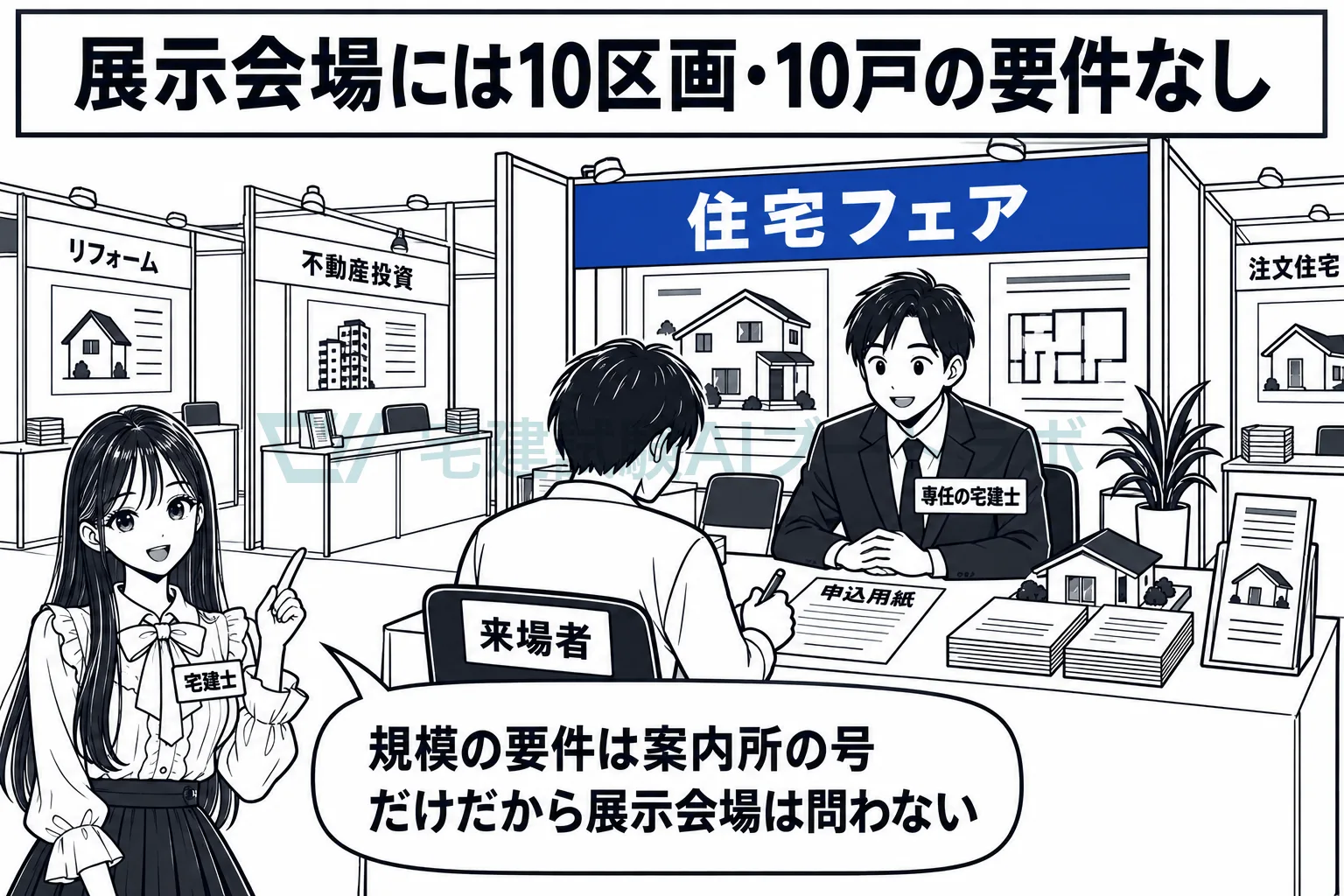住宅フェアの展示会場で申込みを受けるブースに専任の宅建士がいて、展示会場には規模要件がないと示す絵。