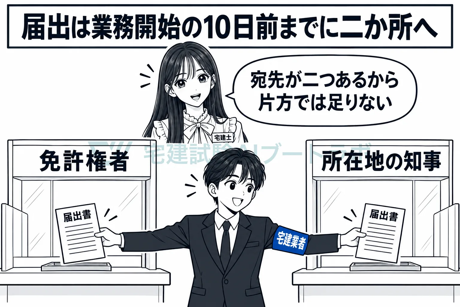 宅建業者が免許権者と所在地の知事の二つの窓口へ、業務開始の10日前までに案内所の届出をする絵。