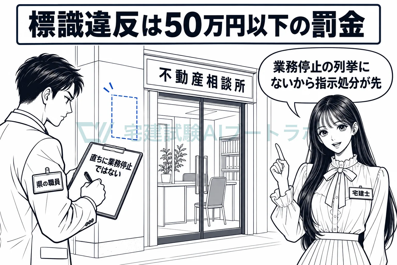 標識のない案内所を職員が確認し、標識違反は50万円以下の罰金で直ちに業務停止ではないと示す絵。