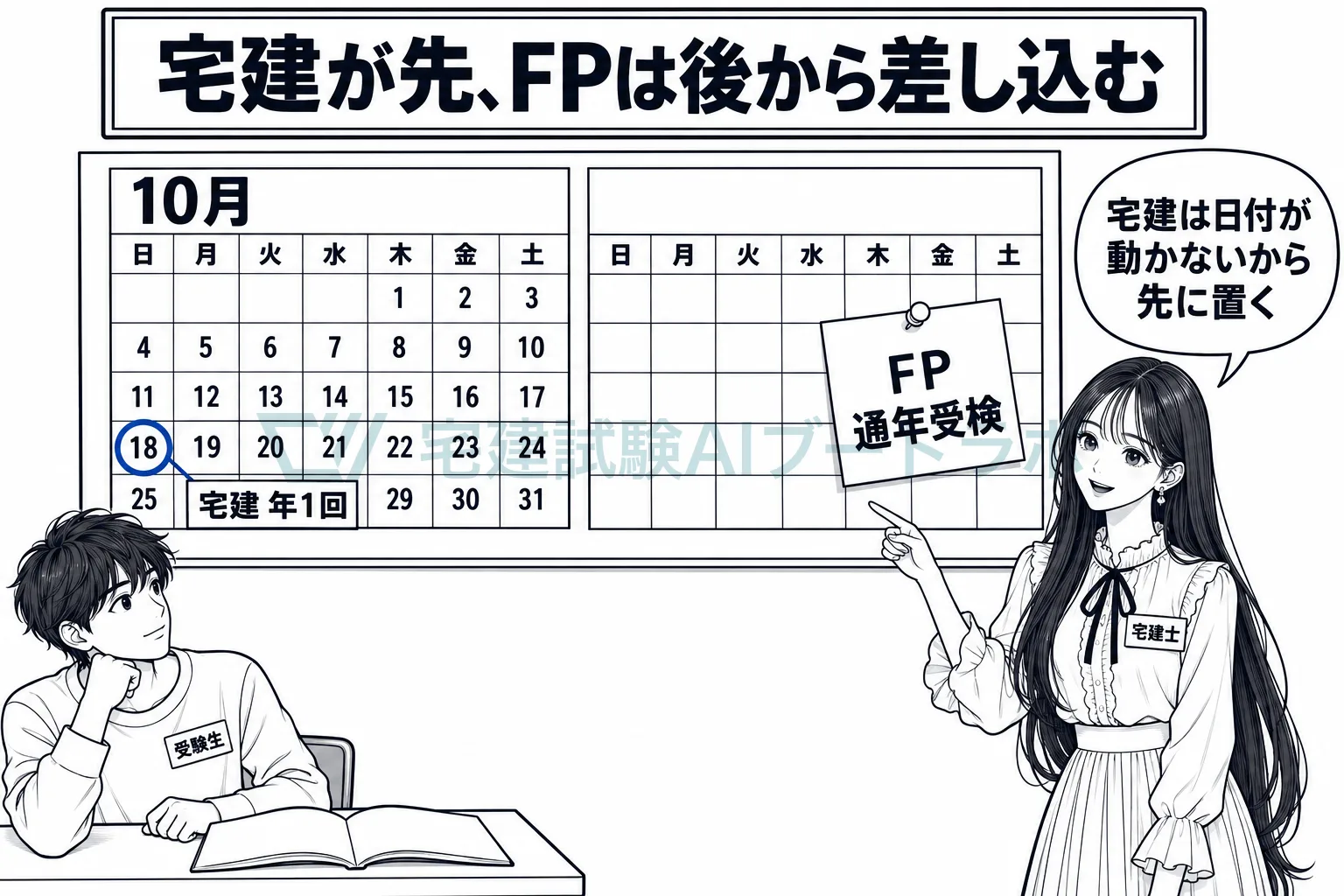壁のカレンダーで、日付の動かない宅建を先に固定し、通年受検できるFPを空いた時期に差し込むことを示す絵。