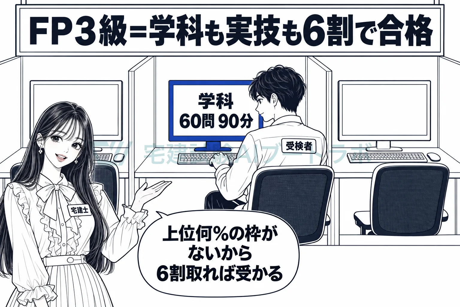 テストセンターのパソコンで受けるFP3級は、上位何%の枠がない絶対評価で、学科も実技も6割で合格だと示す絵。