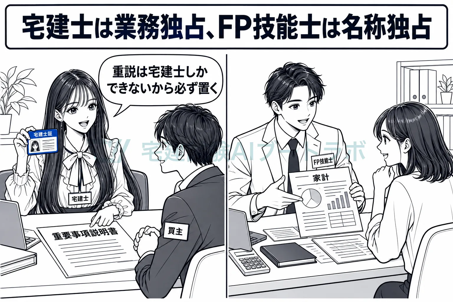 宅建士だけができる重要事項説明の席と、資格がなくてもできるFPの相談の席を左右に並べ、業務独占と名称独占の違いを示す絵。