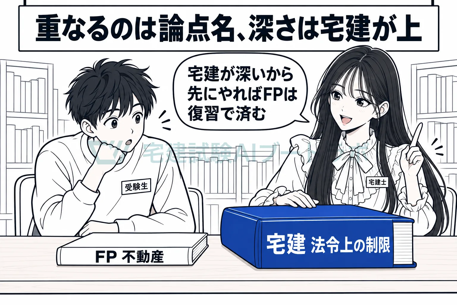 薄いFPの本と分厚い宅建の本を並べ、同じ論点でも宅建のほうが深く、宅建を先に学べばFPは復習で済むと示す絵。
