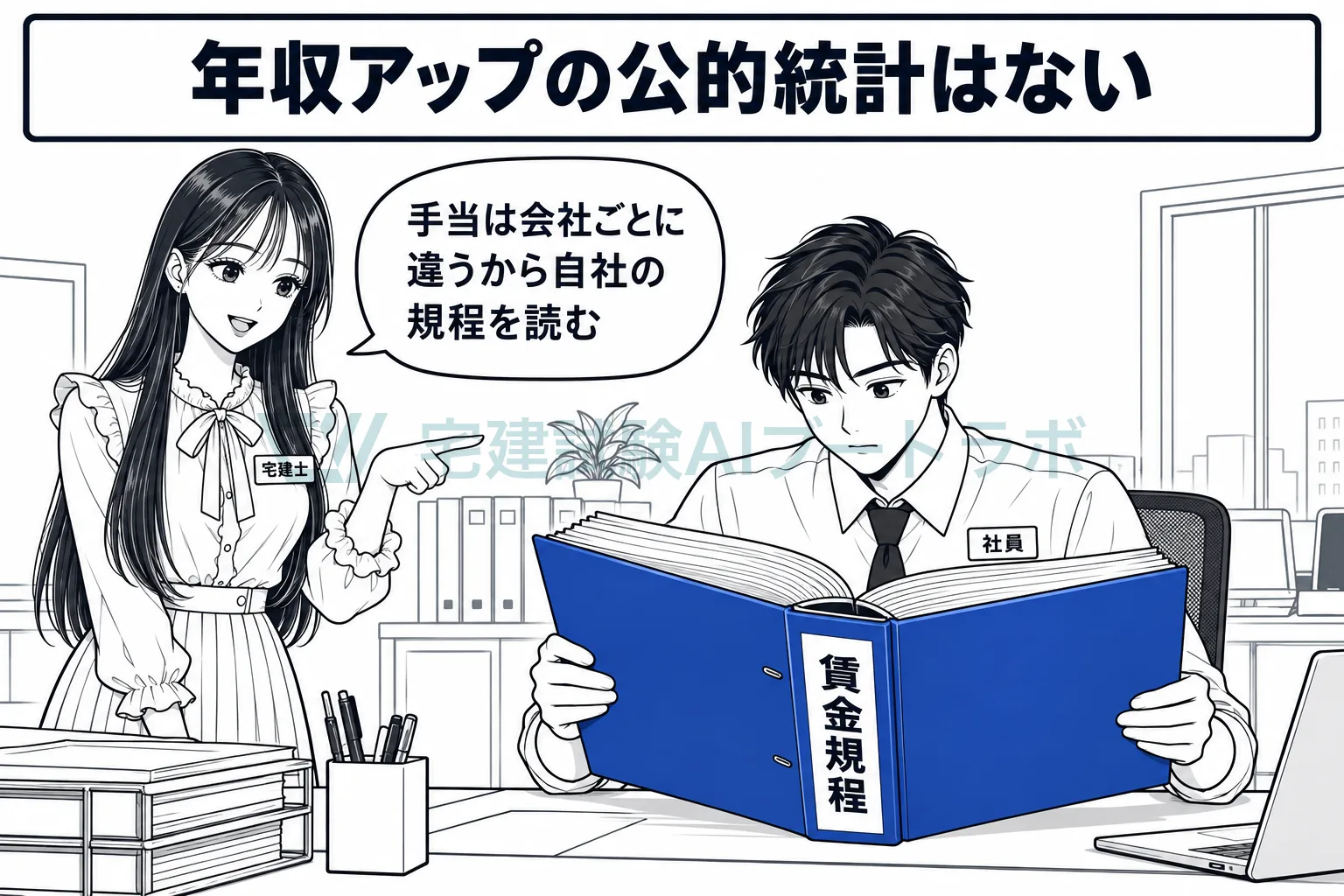 資格で年収がいくら上がるかの公的統計はなく、資格手当は自社の賃金規程を読んで確かめるしかないと示す絵。