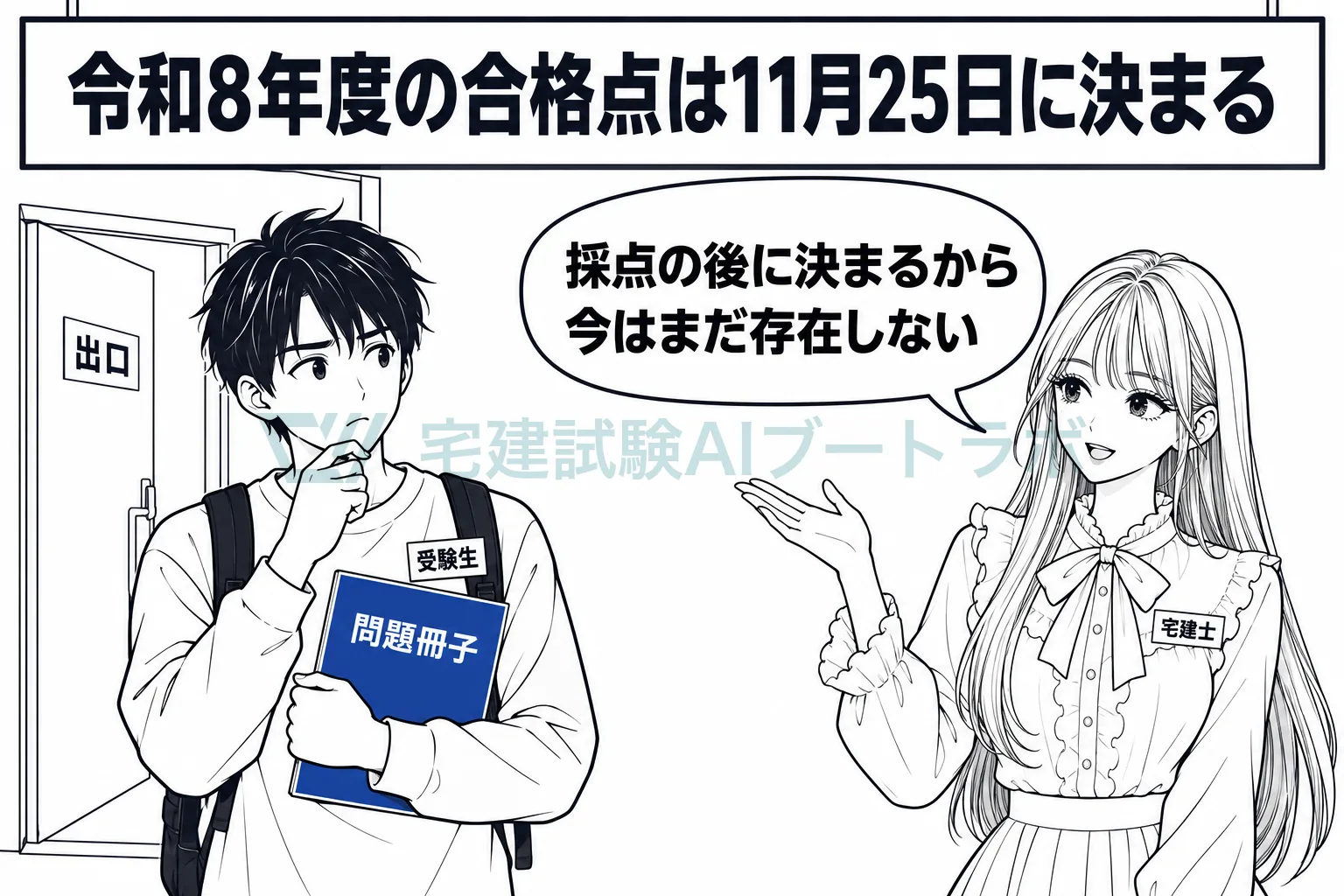 試験会場を出た受験生に、令和8年度の合格点は11月25日の発表まで存在しないと先生が伝えている絵。