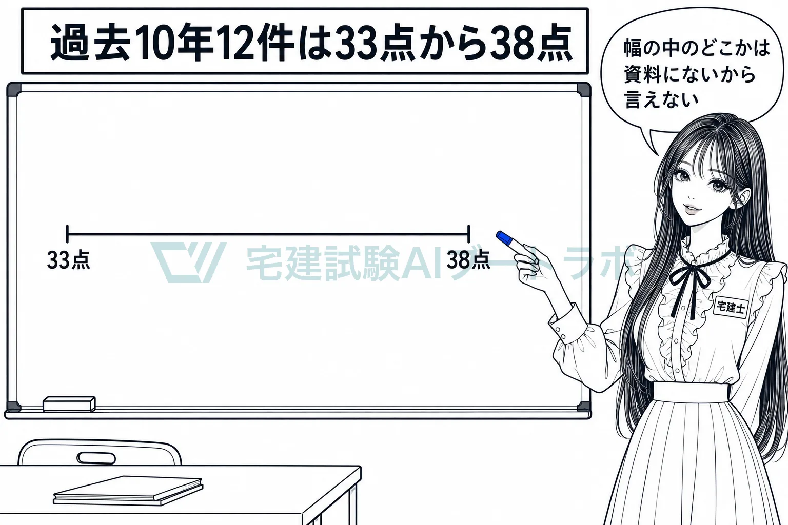 自習室のホワイトボードに33点と38点だけが書かれ、幅の中のどこになるかは言えないと先生が説明している絵。
