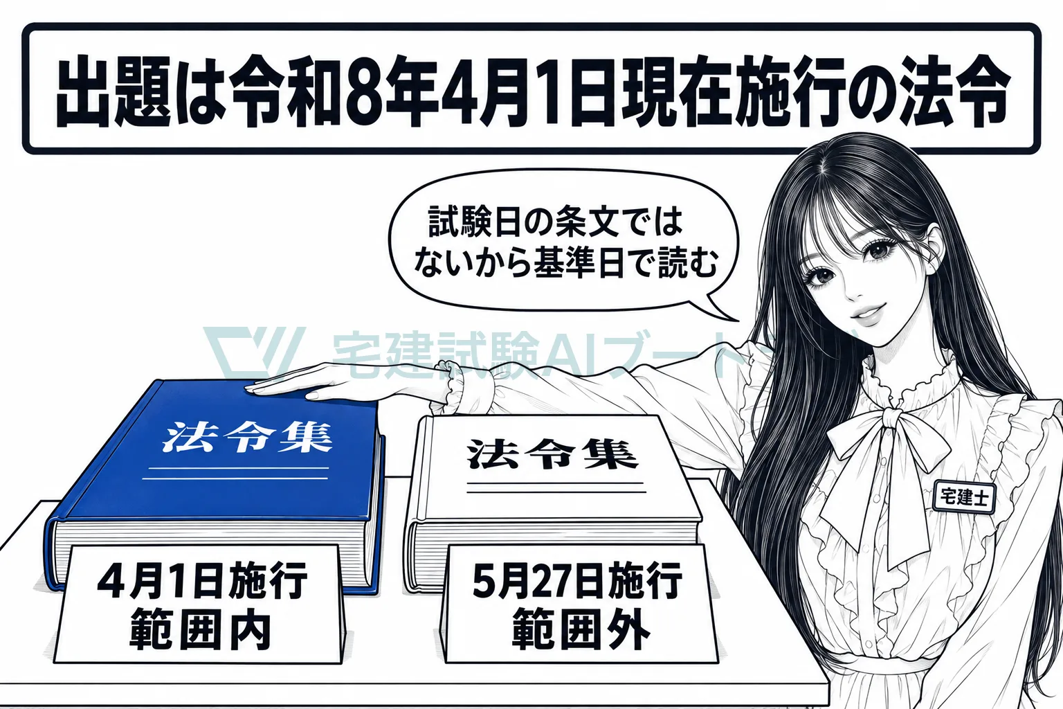 机に4月1日施行と5月27日施行の法令集が並び、出題は令和8年4月1日現在の法令からと先生が示している絵。
