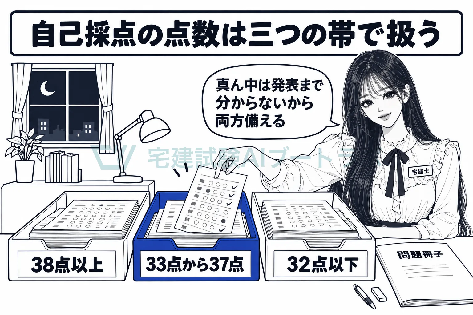 机に38点以上・33点から37点・32点以下の三つのトレーが並び、自己採点の点数は帯で扱うと先生が示している絵。
