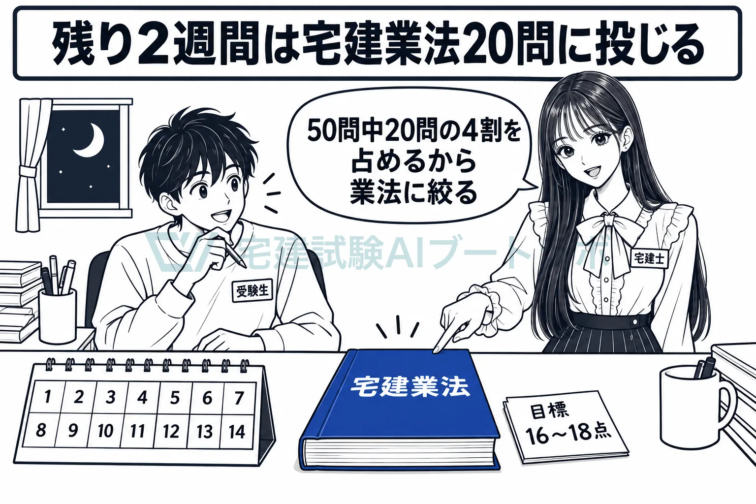 勉強机で先生が受験生に、残り2週間は配点の4割を占める宅建業法に絞り16〜18点を目標にするよう示す絵。