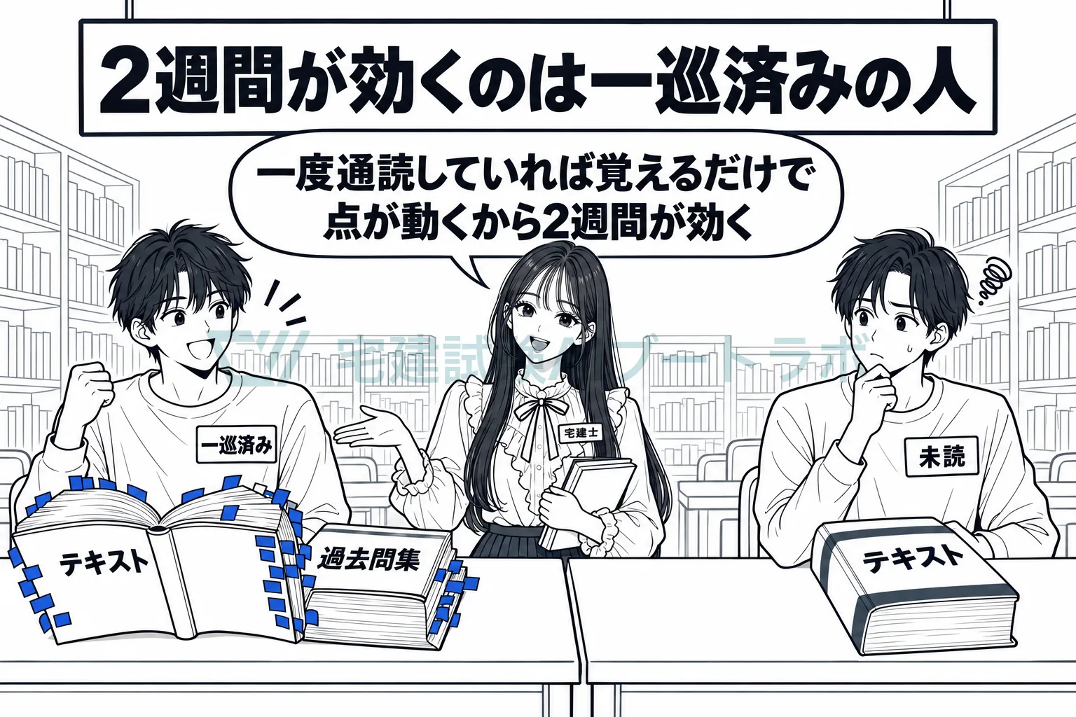 使い込んだテキストの受験生と新品のテキストの受験生を左右に並べ、2週間の集中が効くのは一巡済みの人だと先生が示す絵。