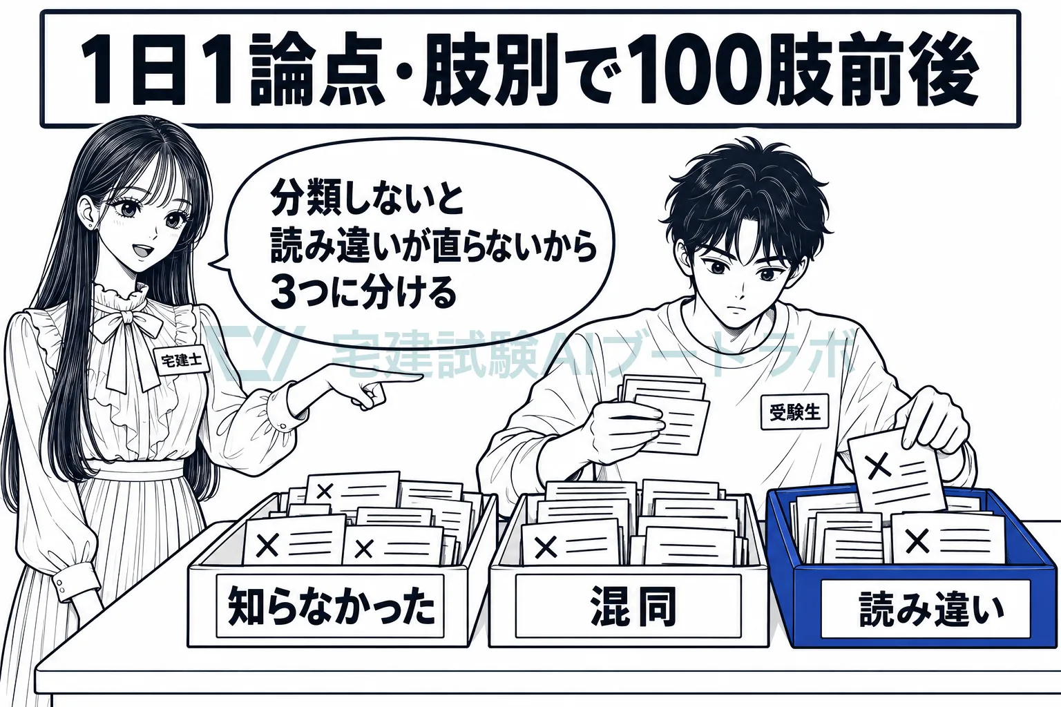 受験生が間違えた肢を「知らなかった」「混同」「読み違い」の3つのトレーに仕分け、先生が毎日の型を示す絵。