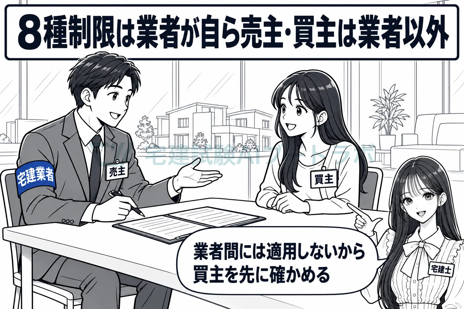契約の席で先生が売主の腕章と買主の名札を指し、8種制限は業者が自ら売主で買主が業者でないときだけ働くと示す絵。