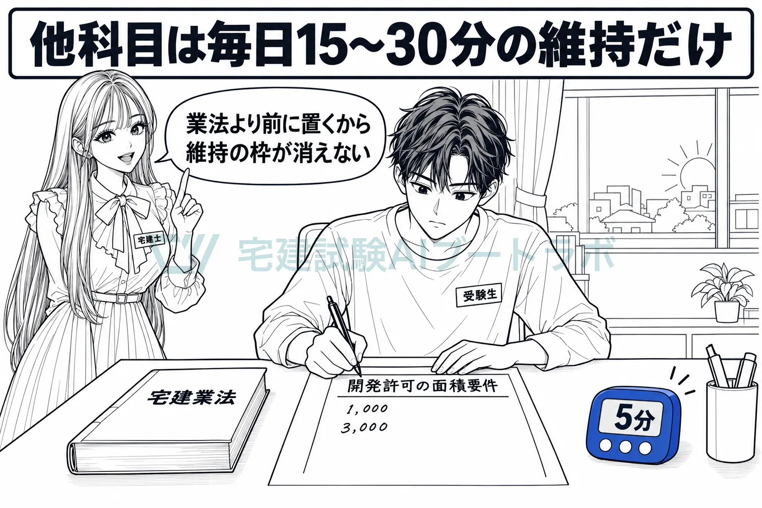 受験生が白紙に法令上の制限の数字を書き出し、先生が他科目は宅建業法の前に毎日15〜30分の維持だけ置くと示す絵。