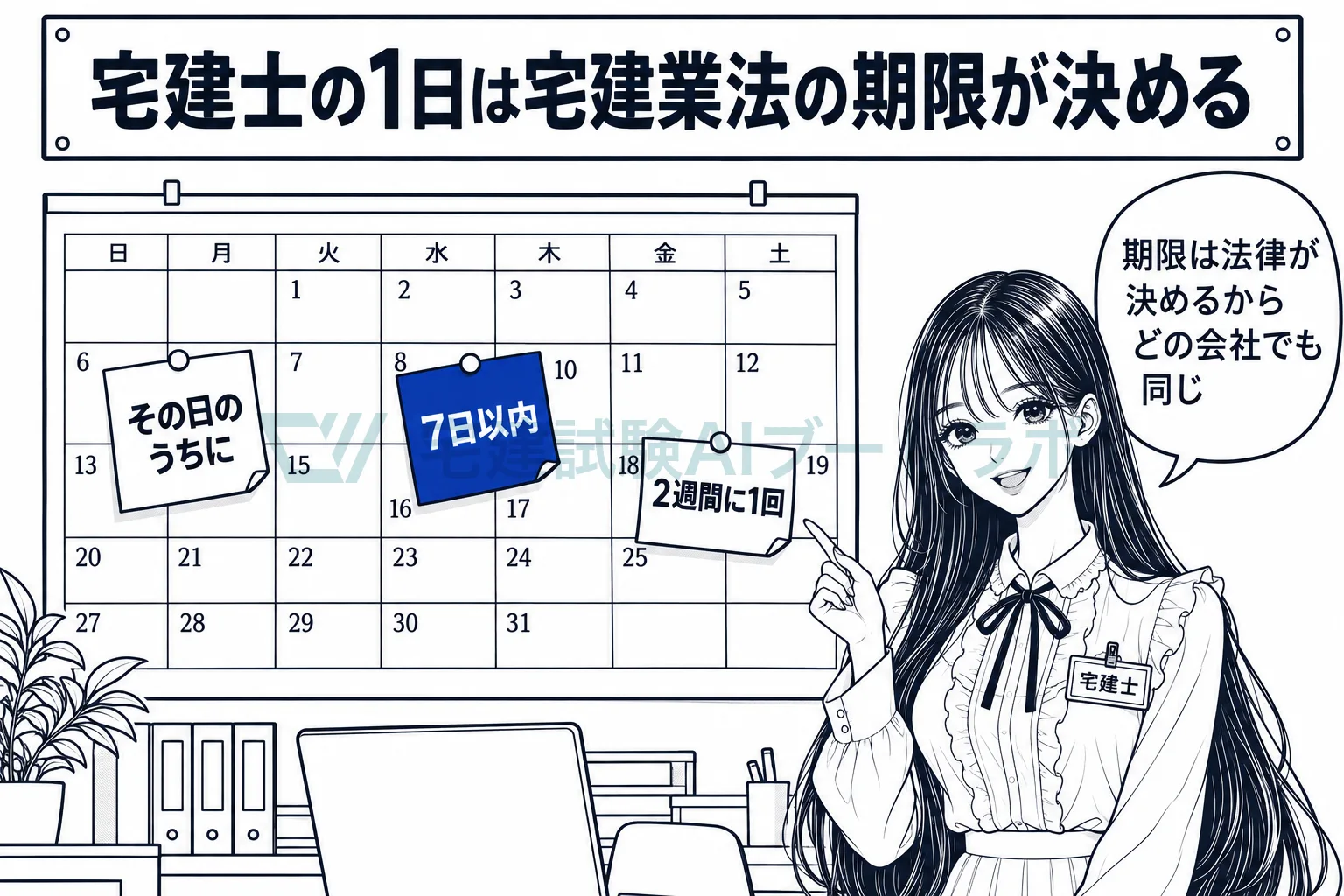 事務所の壁のカレンダーに期限の付箋が並び、宅建士の1日は宅建業法の期限が決めると先生が示している絵。