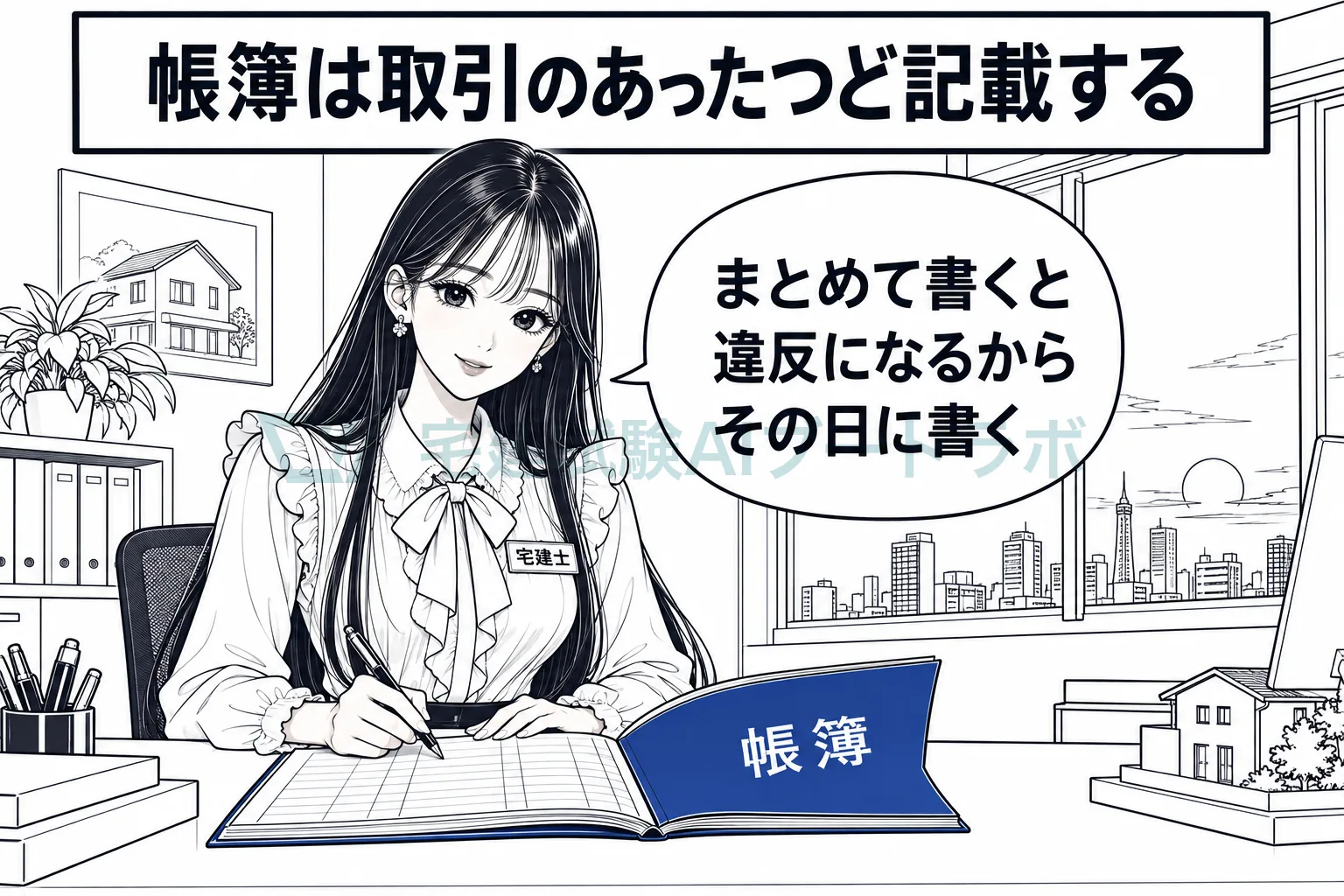 夕方の事務所で先生が帳簿に記入し、取引があったその日のうちに記載すると伝えている絵。