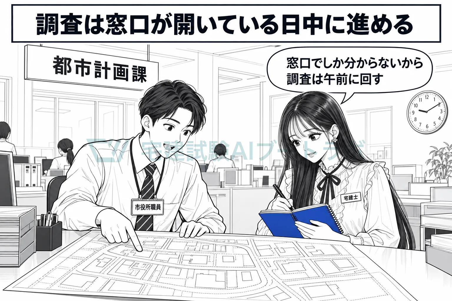 午前の市役所の都市計画課の窓口で先生が調査し、窓口が開いている日中に調査を進めると伝えている絵。