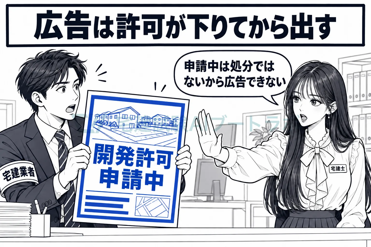 開発許可申請中と書いた広告原稿を出そうとする業者を先生が止め、許可の後でなければ広告できないと伝える絵。