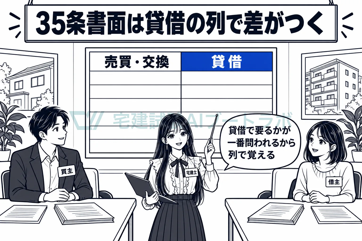 売買と貸借の重要事項説明の席を左右に並べ、記載事項は貸借の列で差がつくと先生が壁の一覧表を指して示す絵。