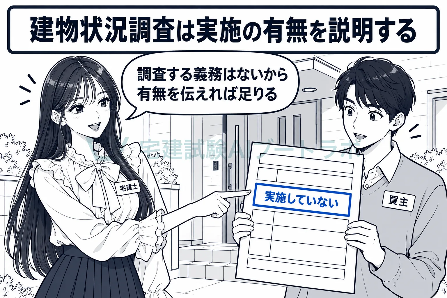 中古住宅の前で、業者に建物状況調査の実施義務はなく実施の有無を説明すれば足りると先生が買主に示す絵。