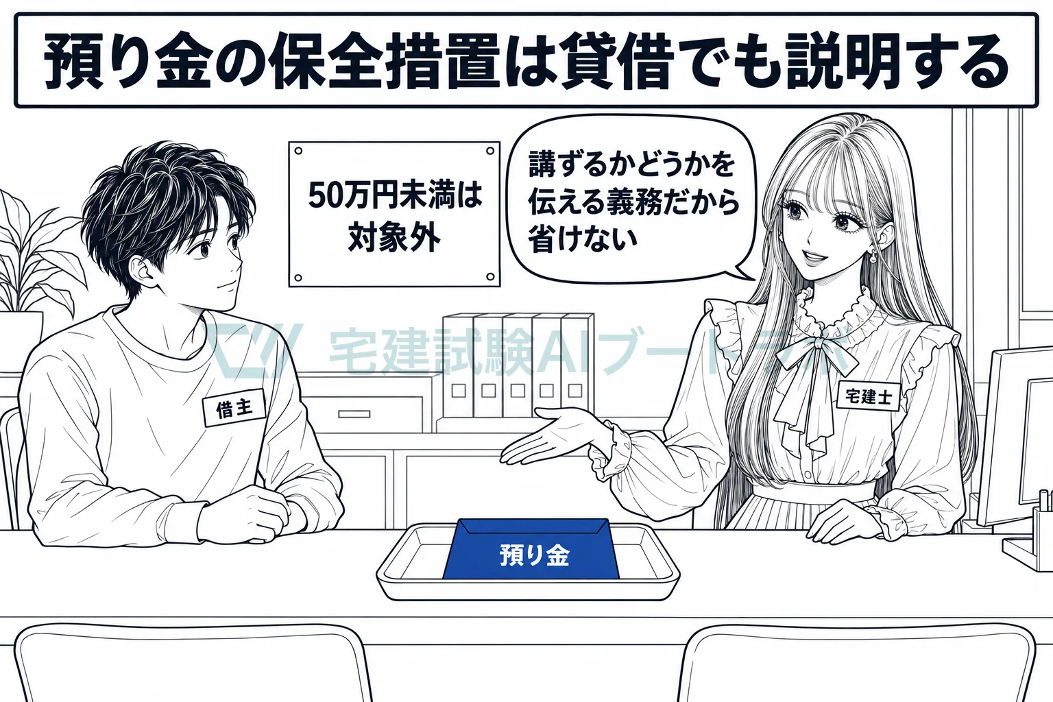 賃貸仲介のカウンターで、支払金・預り金の保全措置を講ずるかどうかは貸借でも説明すると先生が示す絵。