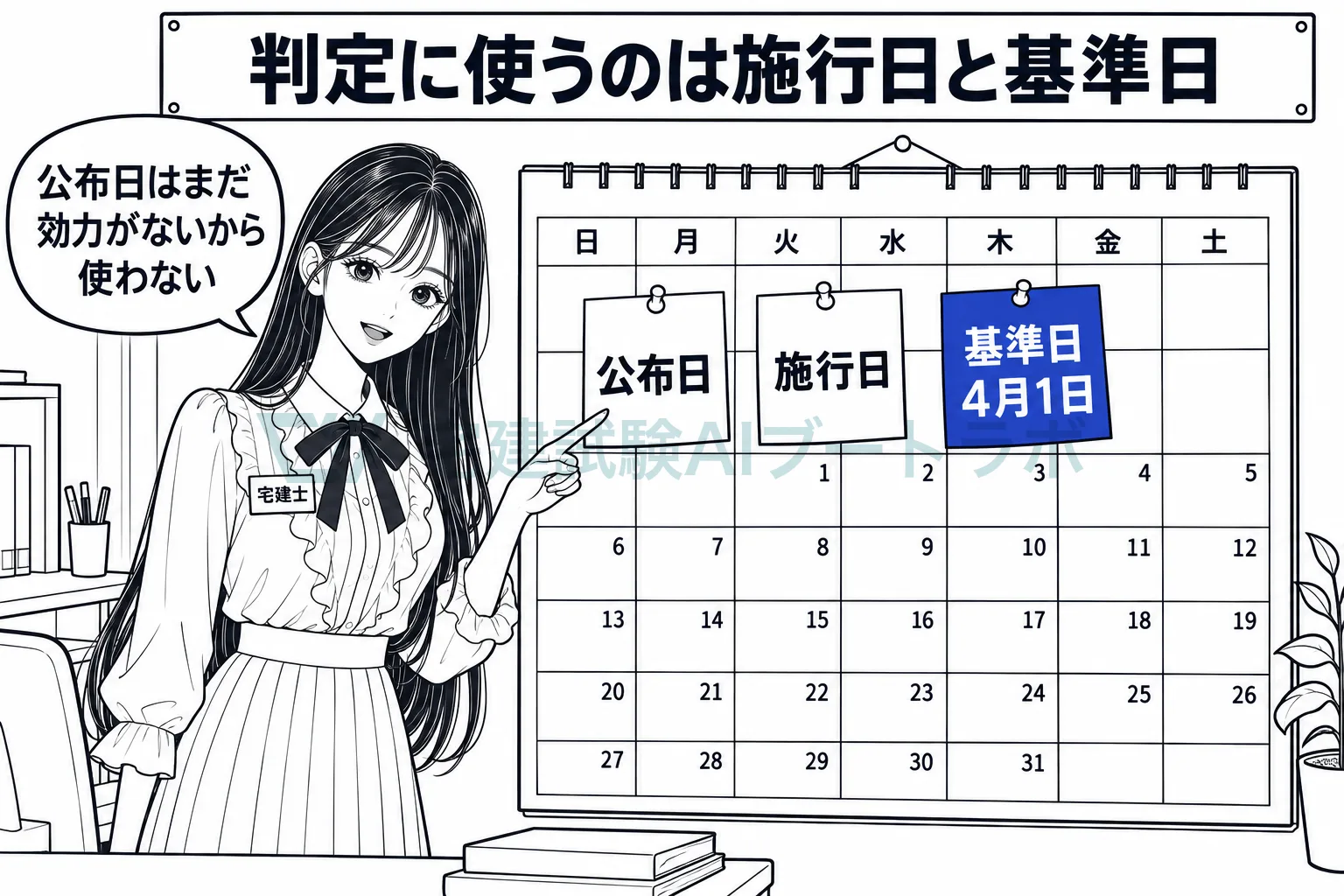 壁のカレンダーに公布日・施行日・基準日の付箋を貼り、判定には施行日と基準日だけを使うと示す絵。