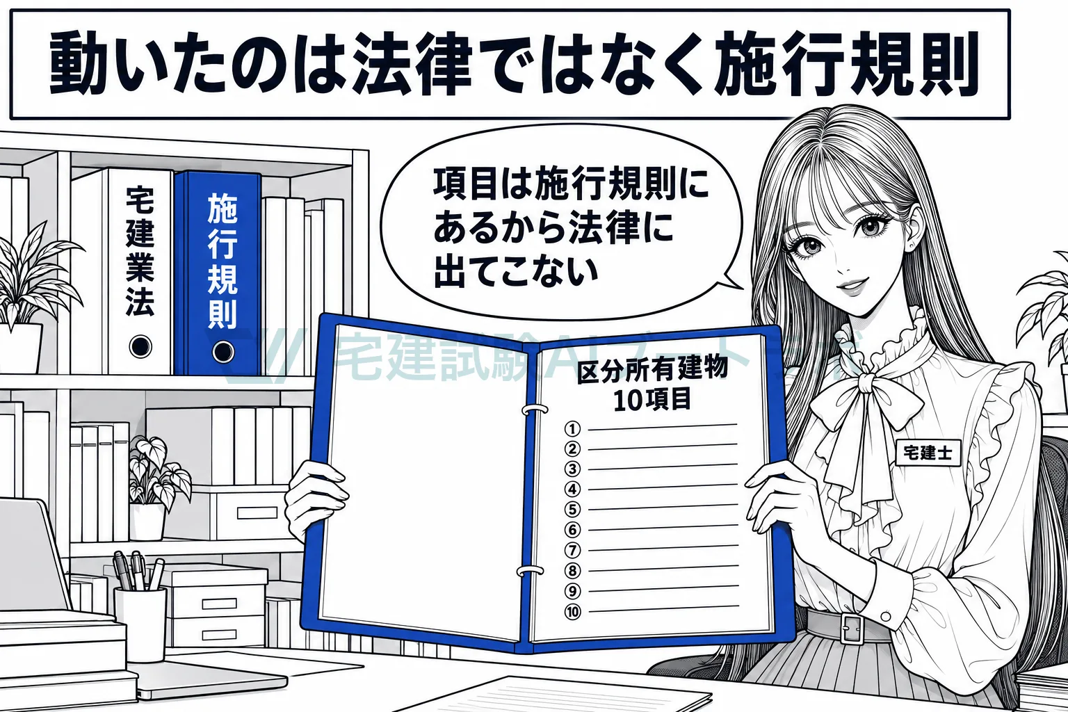 本棚の宅建業法と施行規則のうち施行規則を開き、区分所有建物の説明事項が10項目になったと示す絵。
