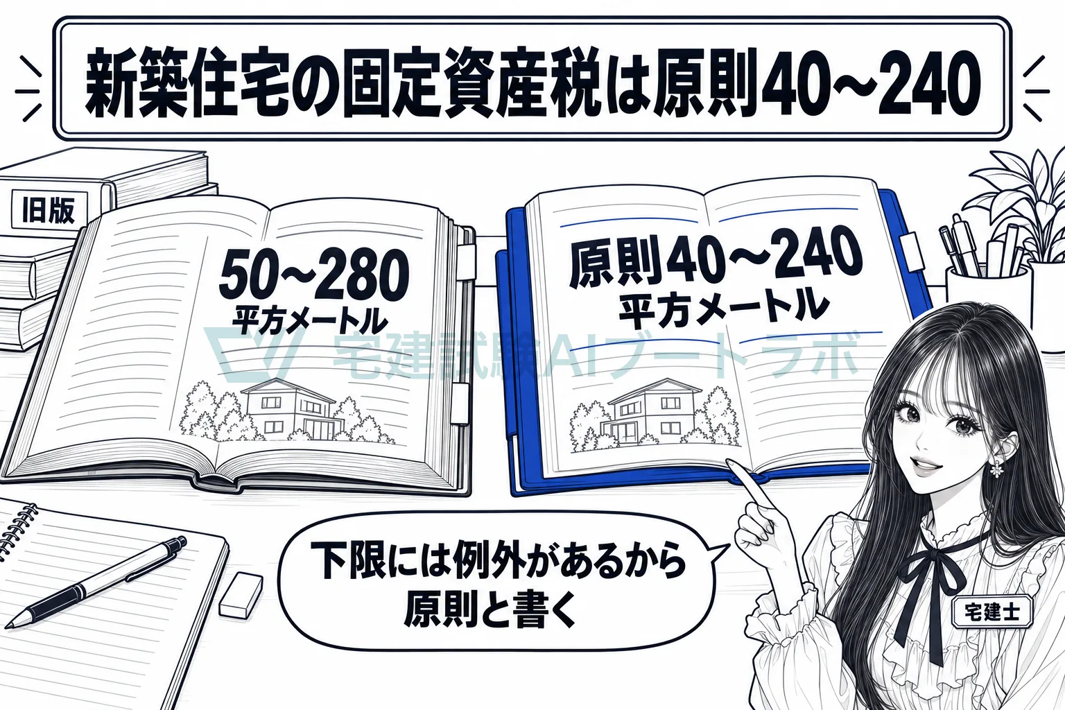古い教材の50〜280平方メートルと新しいノートの原則40〜240平方メートルを並べ、固定資産税の改正を示す絵。