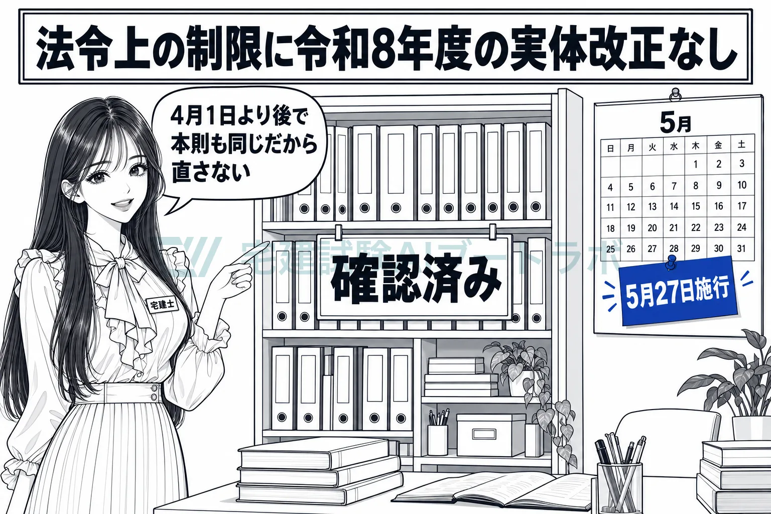 本棚の法令ファイルに確認済みの札を貼り、5月27日施行の改正は範囲外で本則も同じだと示す絵。