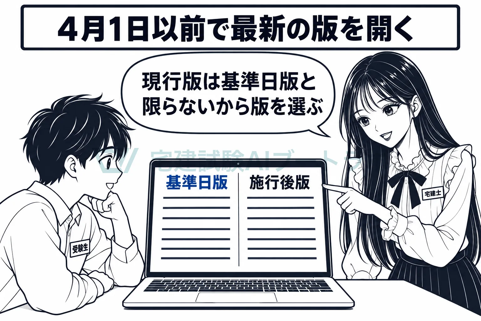 ノートパソコンで基準日版と施行後版の条文を並べて比べ、4月1日以前で最新の版を開く手順を示す絵。