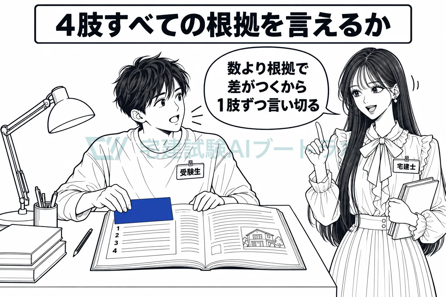 選択肢をカードで隠して根拠を声に出す受験生を描き、過去問の成果は4肢すべての根拠を言えるかで決まると示す絵。