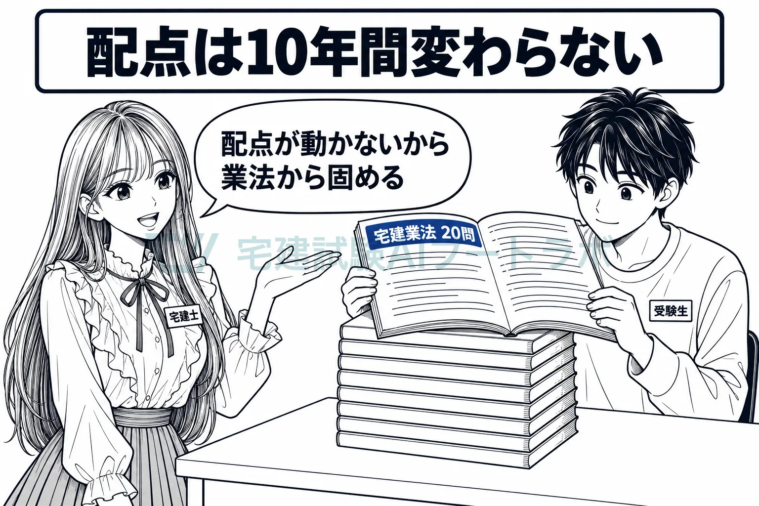 積まれた10年分の過去問の冊子を開き、科目別の配点が10年間変わらず宅建業法が20問と最も多いことを示す絵。
