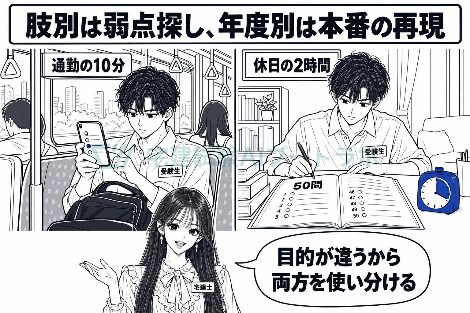通勤の10分で解く肢別と休日の2時間で通して解く年度別を並べ、弱点探しと本番の再現という目的の違いを示す絵。