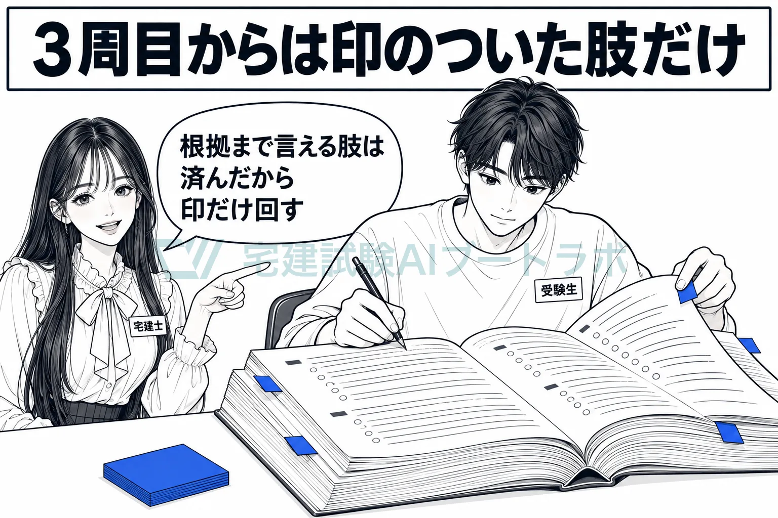 付箋を貼った問題集を描き、回転法の3周目以降は1周目と2周目で印がついた肢だけに絞って解くことを示す絵。