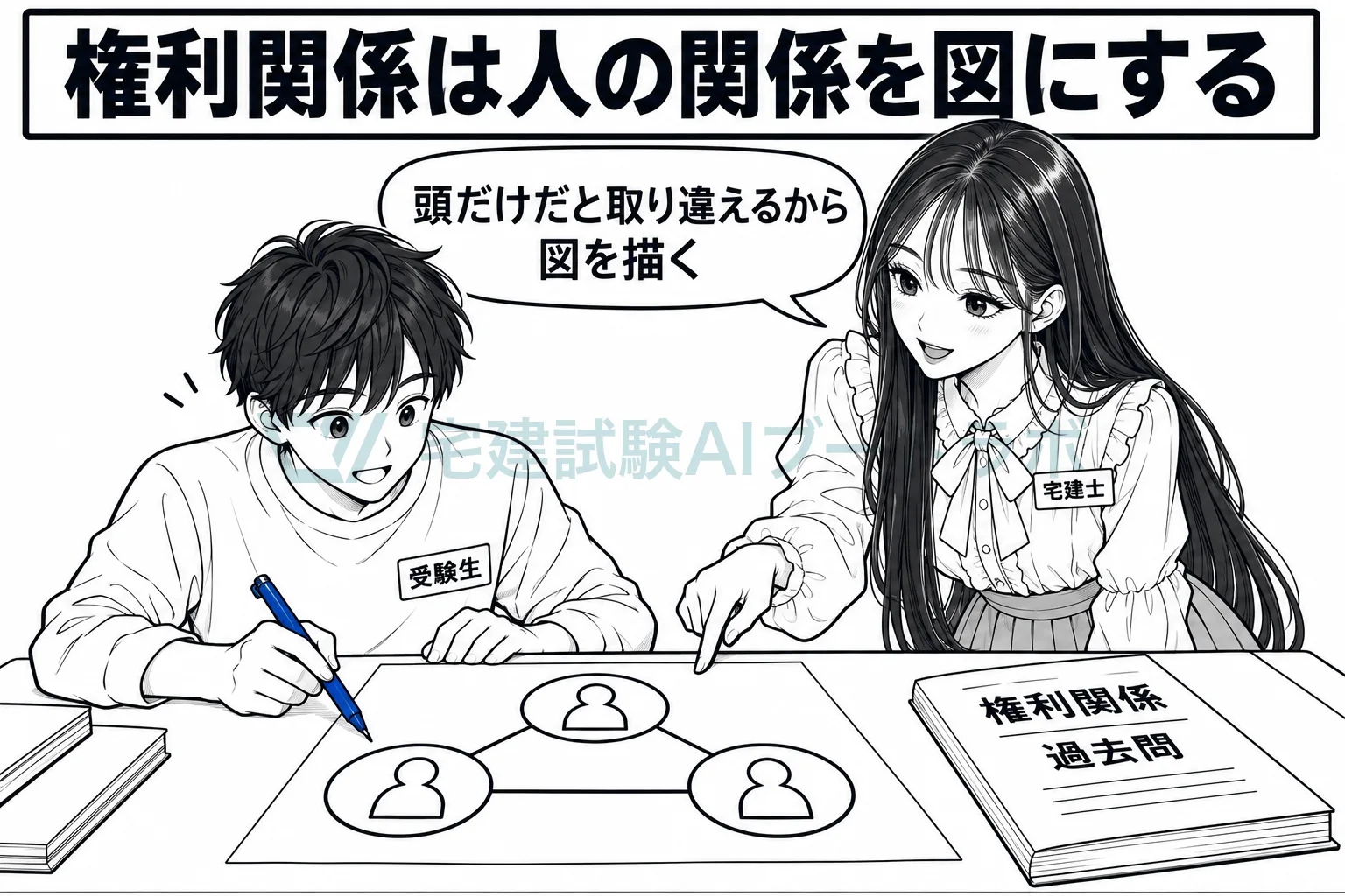 権利関係の過去問を解くとき、登場人物の関係を紙に図にしてから判断すると取り違えを防げると示す絵。
