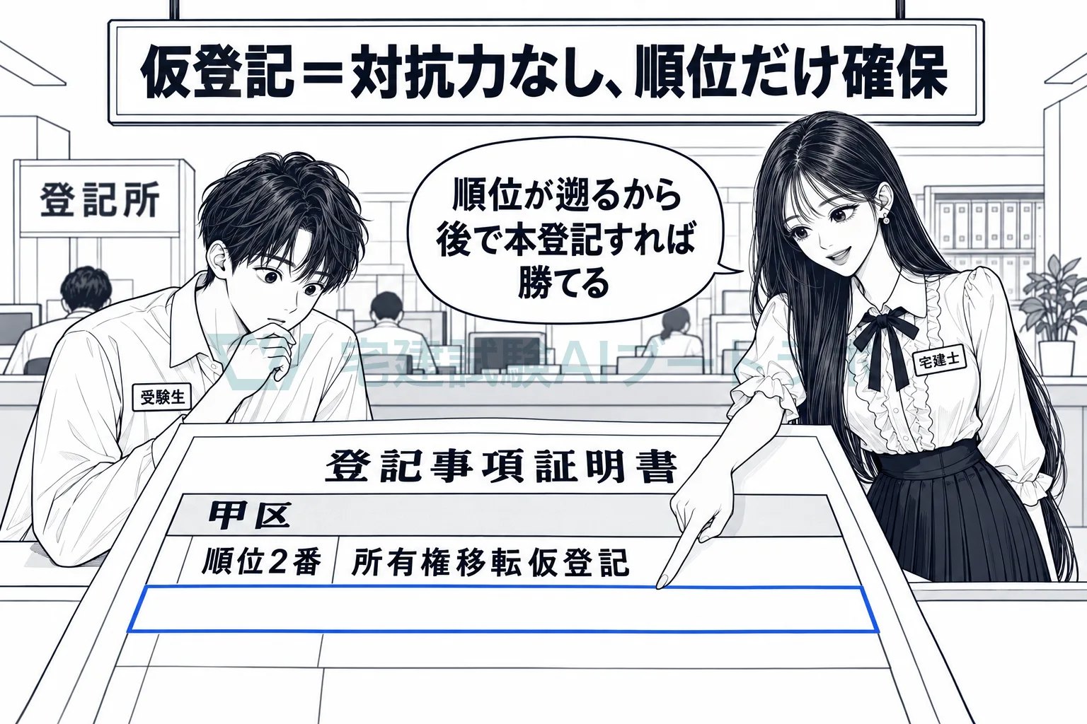 登記所で先生が登記事項証明書の仮登記の下にある余白を指し、仮登記は対抗力がなく順位だけを確保すると示す絵。