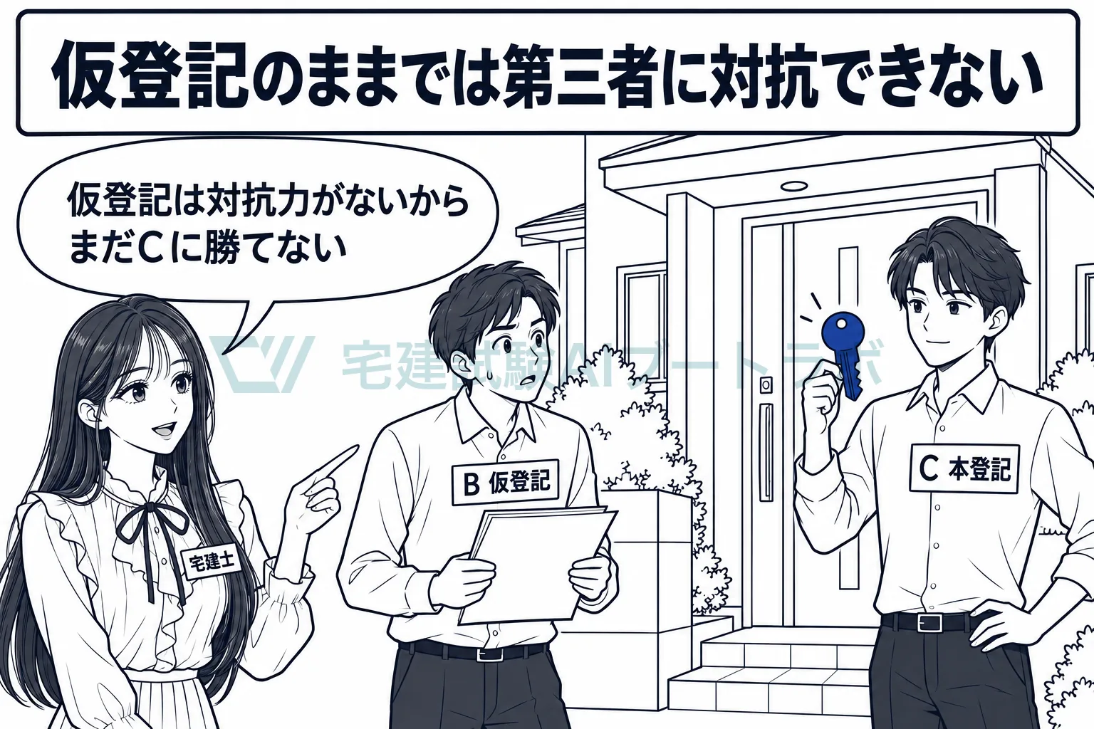 仮登記だけのBと本登記を受けたCが家の前に立ち、仮登記の段階ではBはCに対抗できないと示す絵。