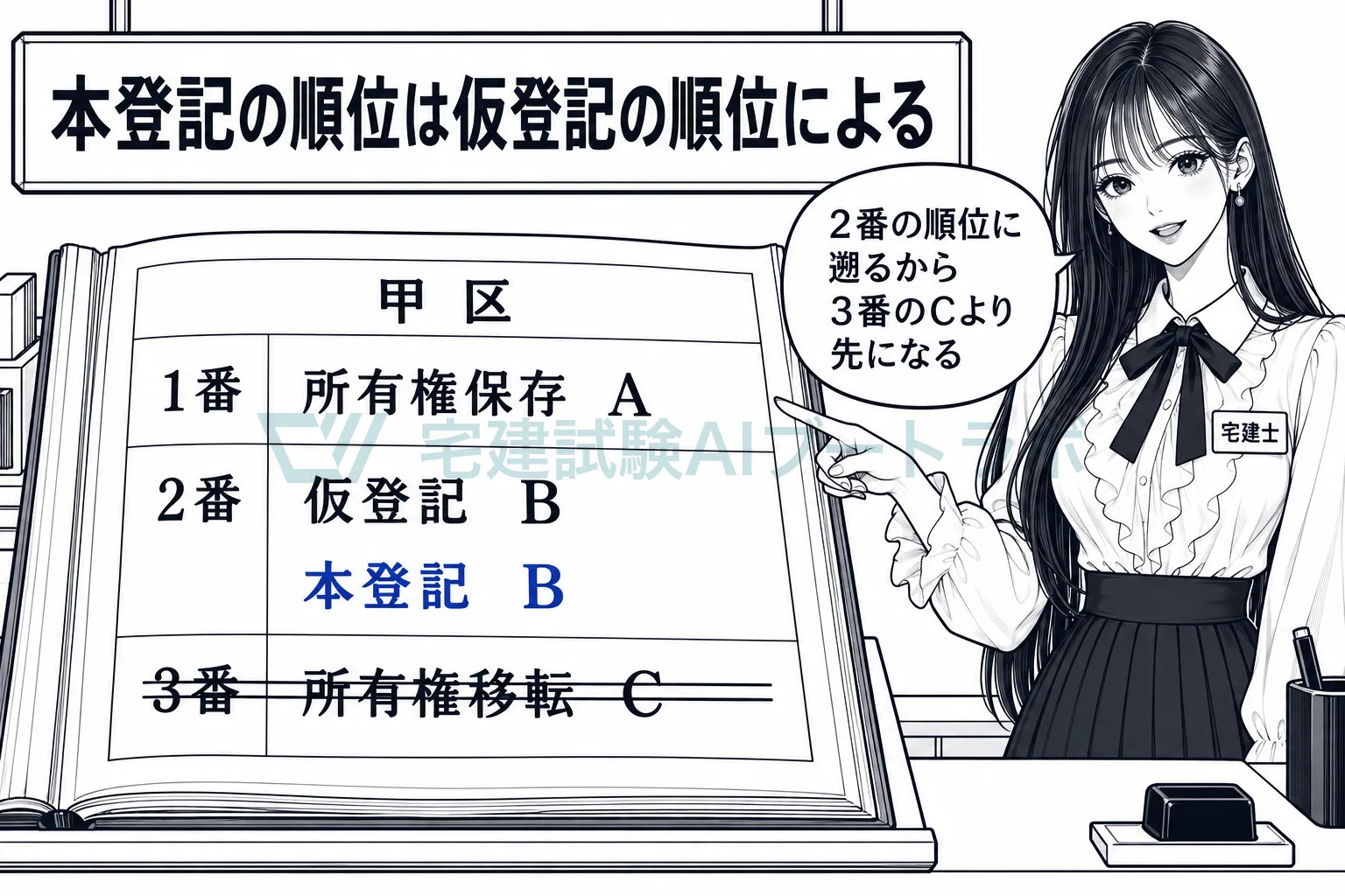 甲区の記録で2番の仮登記に基づく本登記が入り、3番のCの登記が抹消される順位保全効を示す絵。