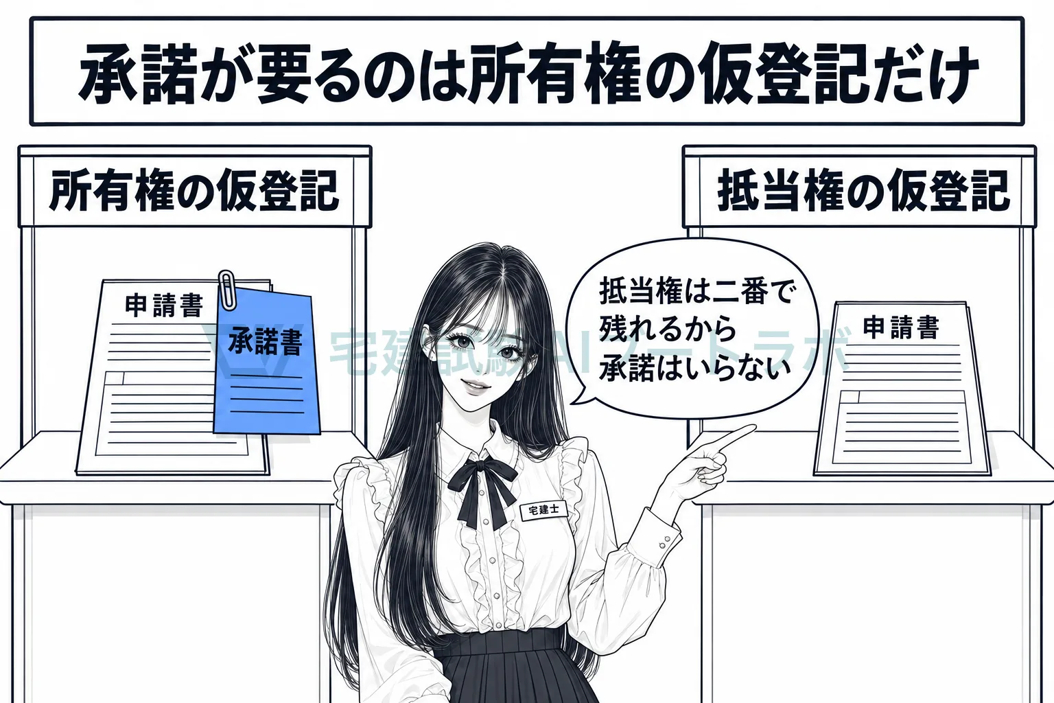 所有権の仮登記に基づく本登記には承諾書が要り、抵当権の仮登記では不要であることを左右の窓口で比べる絵。