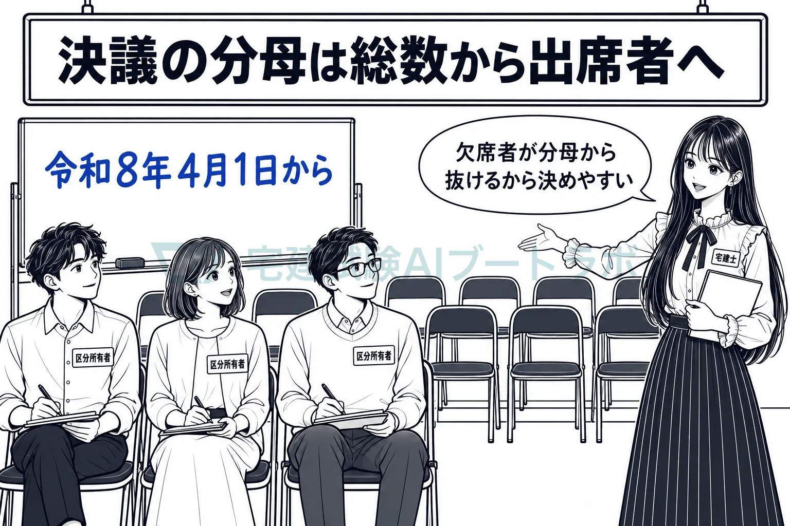 マンションの集会室で、令和8年4月1日の改正により決議の分母が総数から出席者に変わったことを示す絵。