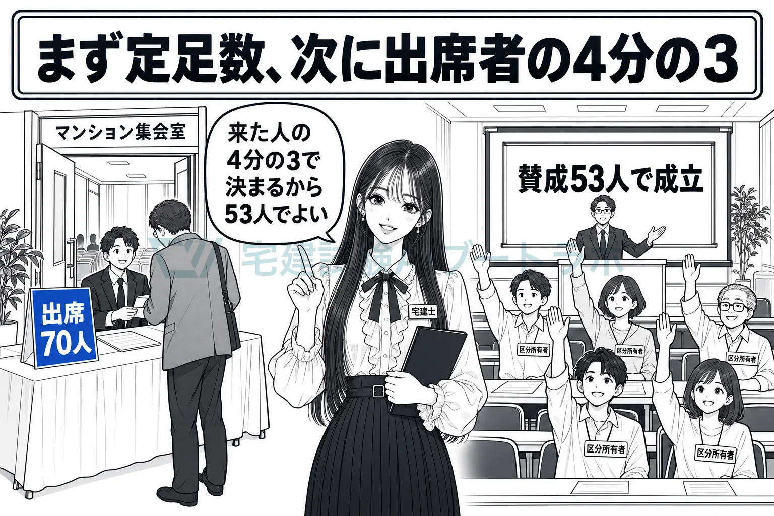 集会室の受付で出席70人を数え、そのうち53人の賛成で決議が成立する定足数と多数決の二階建てを示す絵。