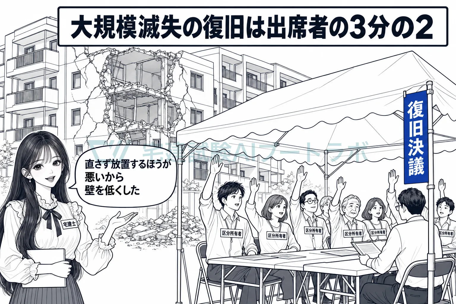 一部が壊れたマンションの前で住民が復旧を決議し、大規模滅失の復旧が出席者の3分の2になったと示す絵。